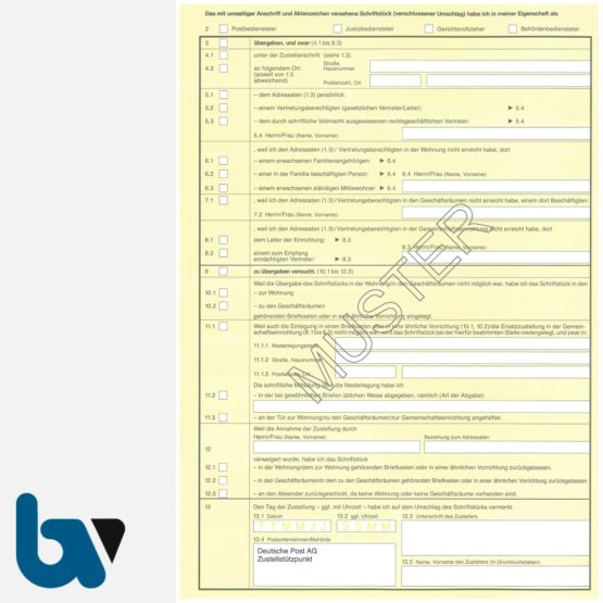 0/100-1 Postzustellungsurkunde mit Eindruck "deutsche Post", Rückseite | Borgard Verlag GmbH