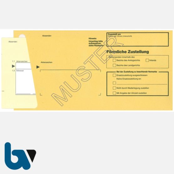 0/101-2 Durchschreibesatz - Förmliche Zustellung, Innerer Umschlag, DIN lang, mit eingelegter Postzustellungsurkunde, Vorderseite | Borgard Verlag GmbH