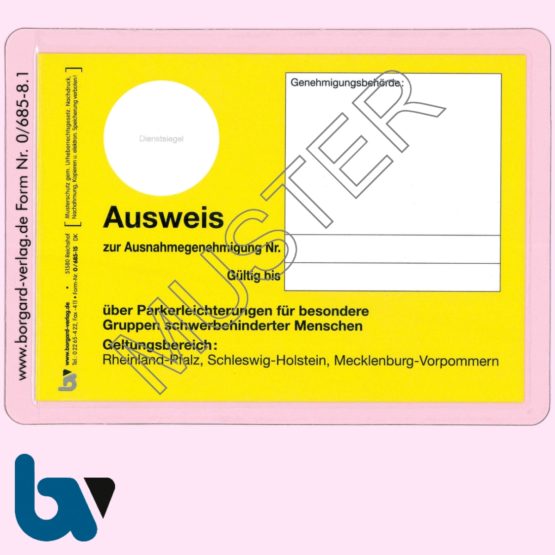 0/685-8.1 und 0/685-15 Klebefolie zur Plastifizierung mit Parkausweis Sonderregelung RP SH MV gelb Modell behinderte Menschen DIN A6 VS | Borgard Verlag GmbH