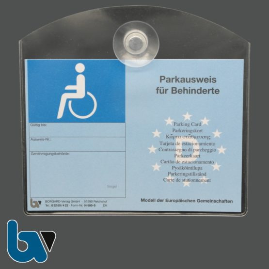 0/685-8.3 und 0/685-5 Ausweishülle mit Saugnapf für Parkausweis EU europäisch blau Modell behinderte Menschen DIN A6 | Borgard Verlag GmbH