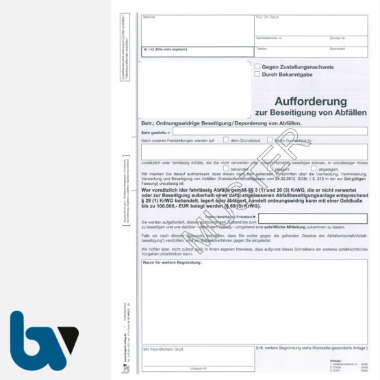 0/442-5 Aufforderung Beseitigung Abfälle Kreislaufwirtschaftsgesetz KrWG DIN A4 3-fach | Borgard Verlag GmbH
