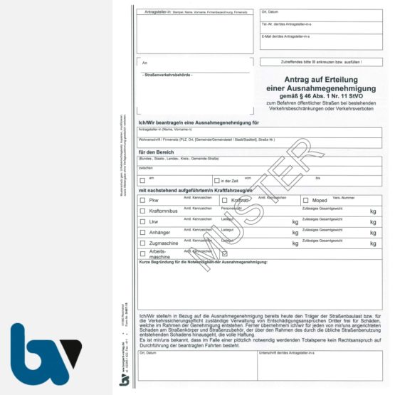 0/497-15 Antrag Erteilung Ausnahmegenehmigung 46 Straßenverkehrsordnung StVO befahren öffentliche Straßen Beschränkung Verbot selbstdurchschreibend DIN A4 2-fach | Borgard Verlag GmbH