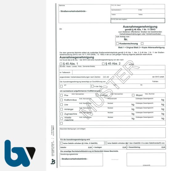 0/498-17 Ausnahmegenehmigung 45 46 Straßenverkehrsordnung StVO Befahren öffentliche Straßen Beschränkung Verbot selbstdurchschreibend DIN A4 2-fach VS | Borgard Verlag GmbH