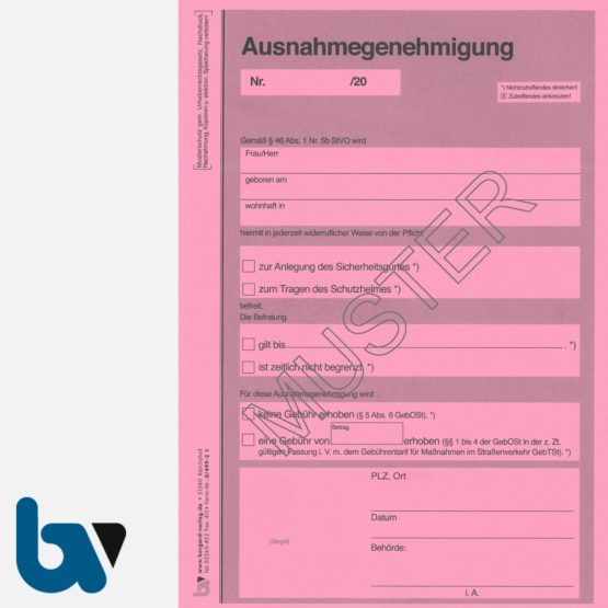 0/499-2 Ausnahmegenehmigung 46 Straßenverkehrsordnung StVO Befreiung Gurtpflicht Helmpflicht Neobond DIN A5 2-fach | Borgard Verlag GmbH