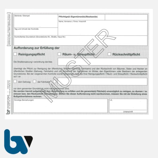 0/751-3.2 Aufforderung Erfüllung Reinigungspflicht Räumpflicht Rückschnittpflicht Gehweg Fahrbahn selbstdurchschreibend DIN A5 2fach Seite 1 | Borgard Verlag GmbH