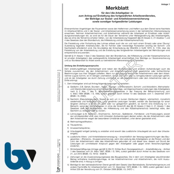 1/469-2 Merkblatt Arbeitergeber Antrag Erstattung Fortgewährt Arbeitsverdienst Sozial Arbeitslosenversicherung sonstige Leistungen Feuerwehr NRW BHKG DIN A4 Seite 1 | Borgard Verlag GmbH