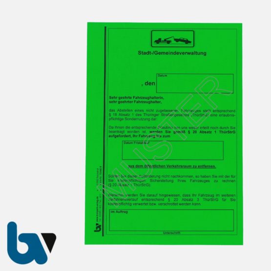13/442-8 Aufkleber Aufforderung Entfernung Fahrzeug selbstklebend Thüringen Straßengesetz ThürStrG Aufnahmeprotokoll Abfall DIN A5 VS | Borgard Verlag GmbH