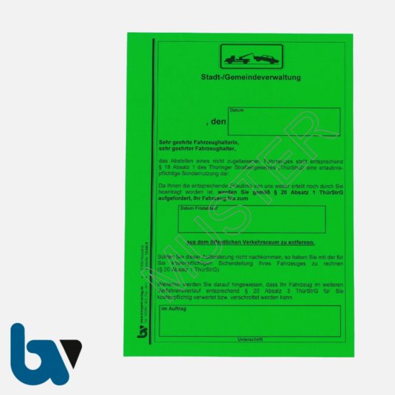 13/442-8 Aufkleber Aufforderung Entfernung Fahrzeug selbstklebend Thüringen Straßengesetz ThürStrG Aufnahmeprotokoll Abfall DIN A5 VS | Borgard Verlag GmbH