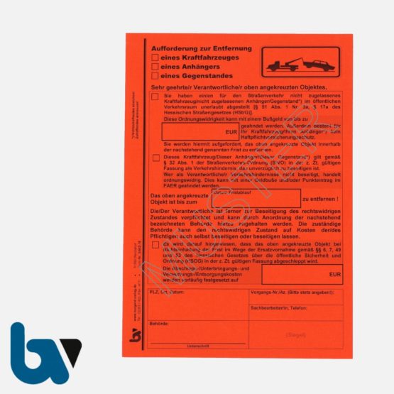 3/442-15 Aufkleber Aufforderung Entfernung Fahrzeug Anhänger Gegenstand selbstklebend Hessen HStrG HSOG StVO Aufnahmeprotokoll Abfall DIN A5 VS | Borgard Verlag GmbH