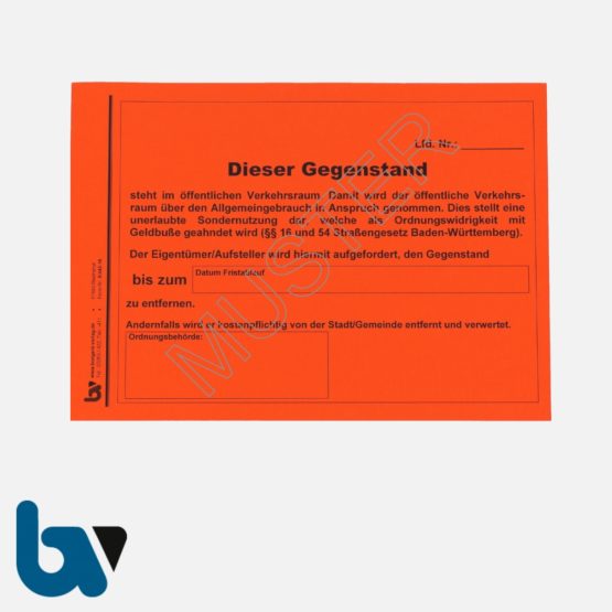 5/442-16 Aufkleber Aufforderung Entfernung Gegenstand Sondernutzung selbstklebend Baden Württemberg Straßengesetz Abfall DIN A5 VS | Borgard Verlag GmbH