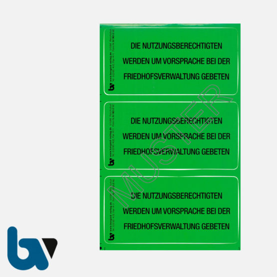 0/182-2 Grab Aufkleber Nutzungsberechtigte Vorsprache Aufforderung Friedhof Verwaltung grün PVC Folie selbstklebend | Borgard Verlag GmbH