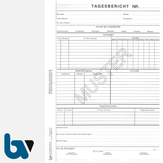 0/708-2 Tagesbericht Baustelle Arbeit Material Gerät selbstdurchschreibend Einschlagdeckel Durchschreibeschutz Schreibschutzdeckel perforiert DIN A4 Seite 1 | Borgard Verlag GmbH