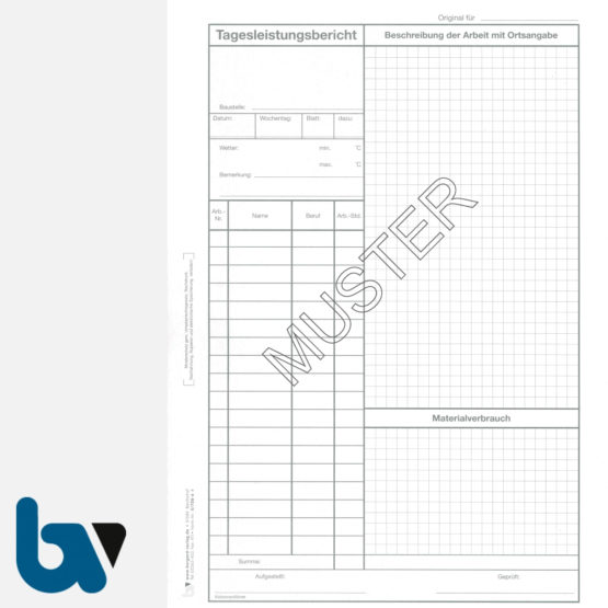 0/708-6 Tagesleistungsbericht Baustelle Arbeit Material selbstdurchschreibend Einschlagdeckel Durchschreibeschutz Schreibschutzdeckel perforiert DIN A4 Seite 1 | Borgard Verlag GmbH