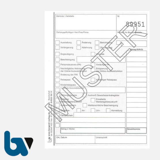 0/812-10.1 Quittung Empfangsbescheinigung Kasse Melde Bürgeramt Ausweis Pass Gewerbe Bar selbstdurchschreibend 3fach Schreibschutzdeckel Nummerierung fortlaufend DIN A6 S 1 | Borgard Verlag GmbH