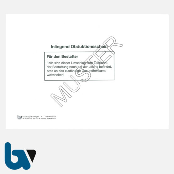 2/148-2.1 Umschlag inliegend Obduktionsschein Rheinland Pfalz weiß nassklebend gummiert ohne Fenster DIN C5 Vorderseite | Borgard Verlag GmbH