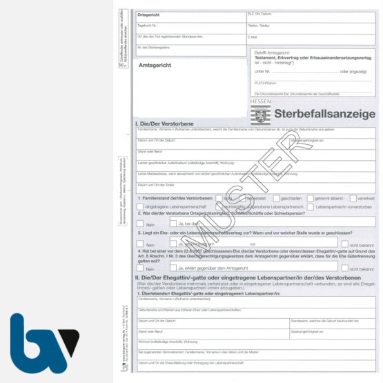 3/185-8 Sterbefallsanzeige Sterbefallanzeige Ortsgericht Hessen Muster amtlich mit Durchschrift Kopie DIN A4 Seite 1 | Borgard Verlag GmbH