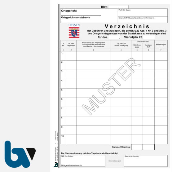 3/187-1 Verzeichnis Gebühren Auslagen Ortsgericht Hessen DIN A4 Seite 1 | Borgard Verlag GmbH