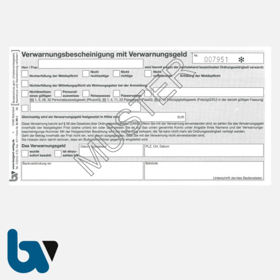 0/511-1 Verwarnungsbescheinigung Nichterfüllung Meldepflicht Mitteilung Verwarnungsgeld fortlaufend nummeriert 3-fach selbstdurchschreibend DIN lang Seite 1| Borgard Verlag GmbH