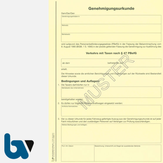 0/489-1 Genehmigungsurkunde Personenbeförderung PBefG Verkehr Taxen 2-fach Karton gelb DIN A4 Seite 1 | Borgard Verlag GmbH