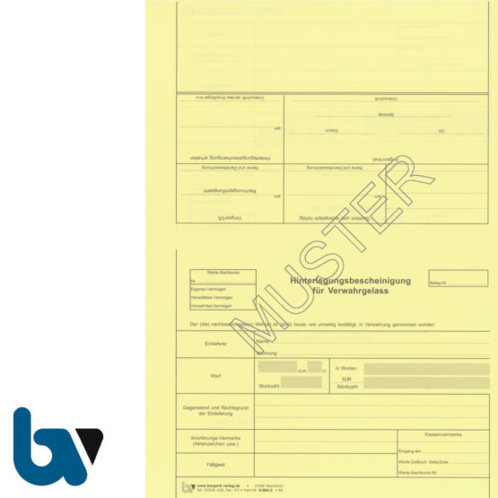 0/834-2 Einlieferungs Anordnung Verwahrgelass Hinterlegungsbescheinigung perforiert gelb DIN A4 Rückseite | Borgard Verlag GmbH