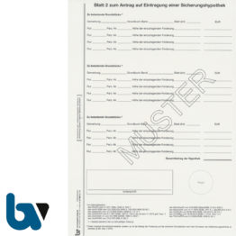 0/855-1.2 Antrag Eintragung Sicherungshypothek Amtsgericht Grundbuchamt Abgaben Zwangsversteigerung Paragraph 10 ZVG 4-fach selbstdurchschreibend DIN A4 Blatt 2 | Borgard Verlag GmbH