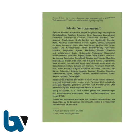 406 Internationaler Zulassungsschein Abkommen 1926 Vertragsstaaten Neobond grün 38 Seiten geheftet DIN A6 Seite 1 | Borgard Verlag GmbH