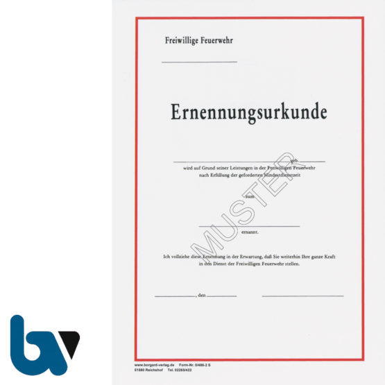 0/486-2 S Ernennungsurkunde Freiwillige Feuerwehr Karton Hammerschlag selbstdurchschreibend DIN A4 2-fach | Borgard Verlag GmbH