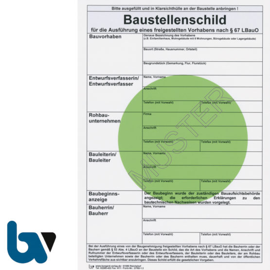 2/780-1.3 Baustellenschild grüner Punkt RLP Bauordnung LBauO Freigestellt Vorhaben Karton DIN A4 Vorderseite | Borgard Verlag GmbH