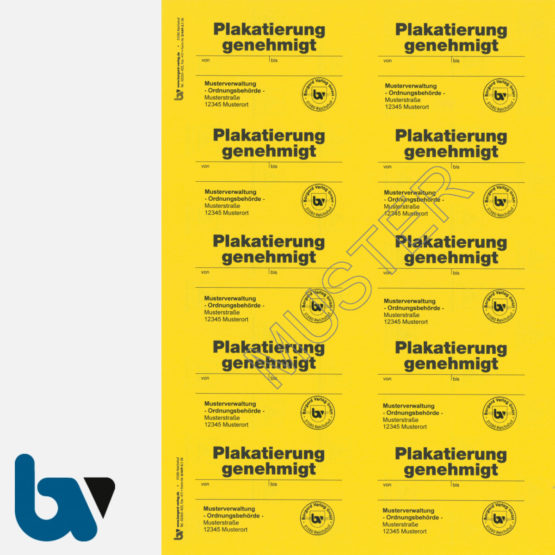 0/449-2.1 Aufkleber Plakatierung Genehmigt Muster leucht gelb 75 x 50 mm selbstklebend Bogen 10 Stück DIN A4 | Borgard Verlag GmbH