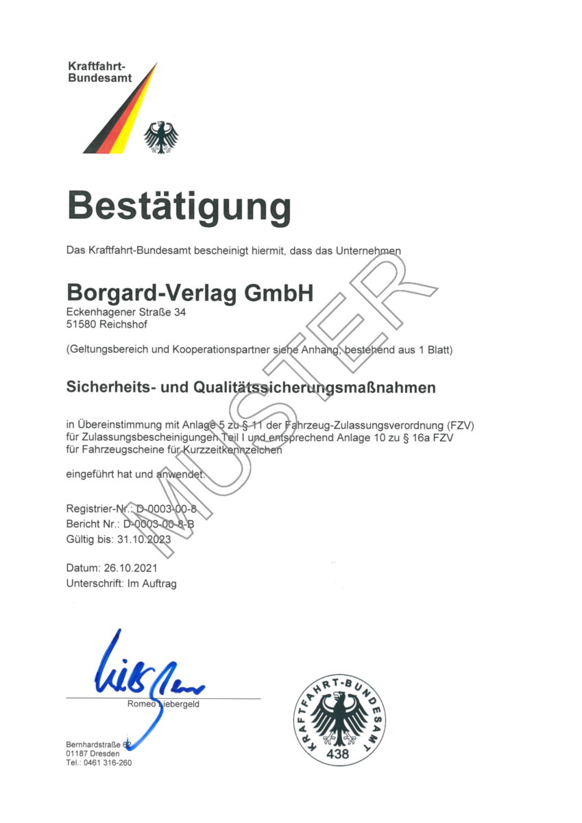 Kraftfahrt-Bundesamt Zertifikat 2021-2023 | Borgard Verlag GmbH