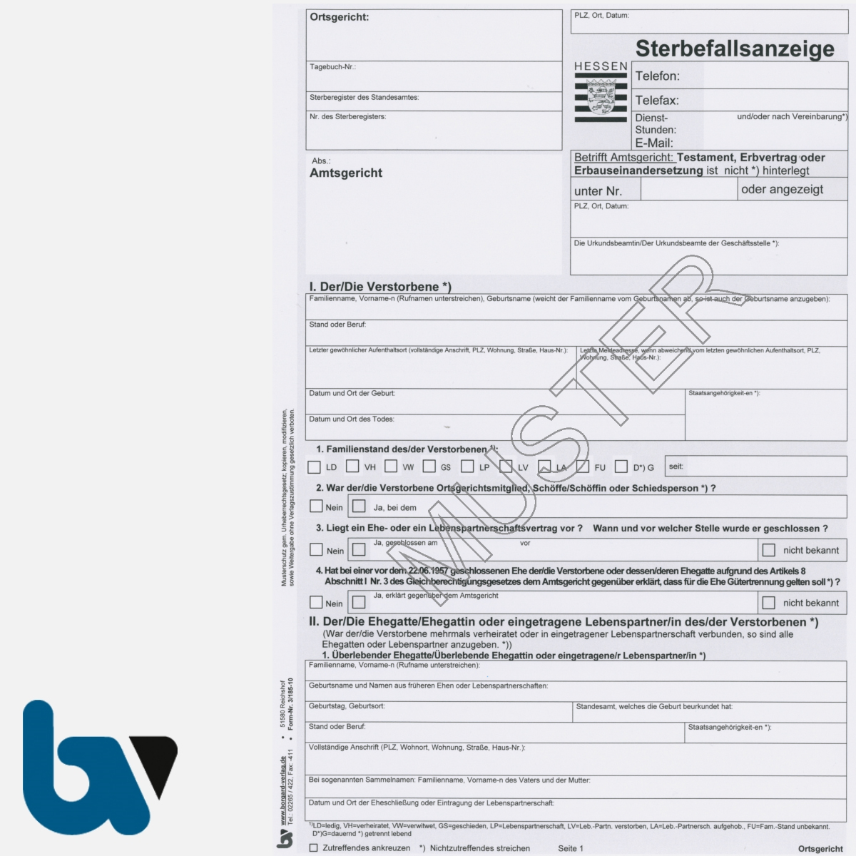 3/185-10 Sterbefallsanzeige Sterbefallanzeige Ortsgericht Hessen Muster amtlich mit Durchschrift Kopie DIN A4 Seite 1 Neu | Borgard Verlag GmbH
